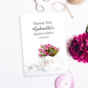 Teekanne mit rosa Rosen Quinceanera Dankeschön Dankeskarte