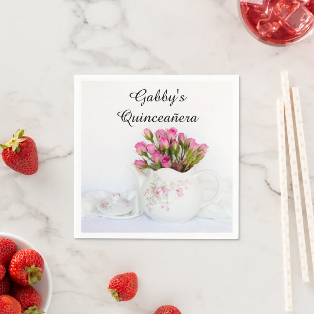 Teekanne mit rosa Rosen Quinceañera Serviette (Beispiel)