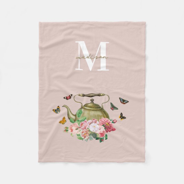 Teekanne Party Pink Floral & Butterfett Monogramm Fleecedecke (Vorderseite)