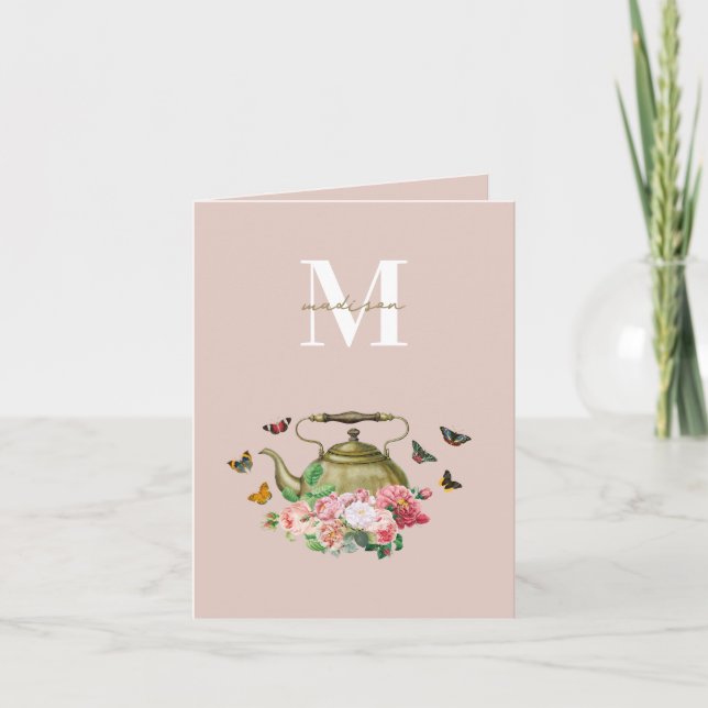 Teekanne Party Pink Floral & Butterfett Monogramm Karte (Vorderseite)