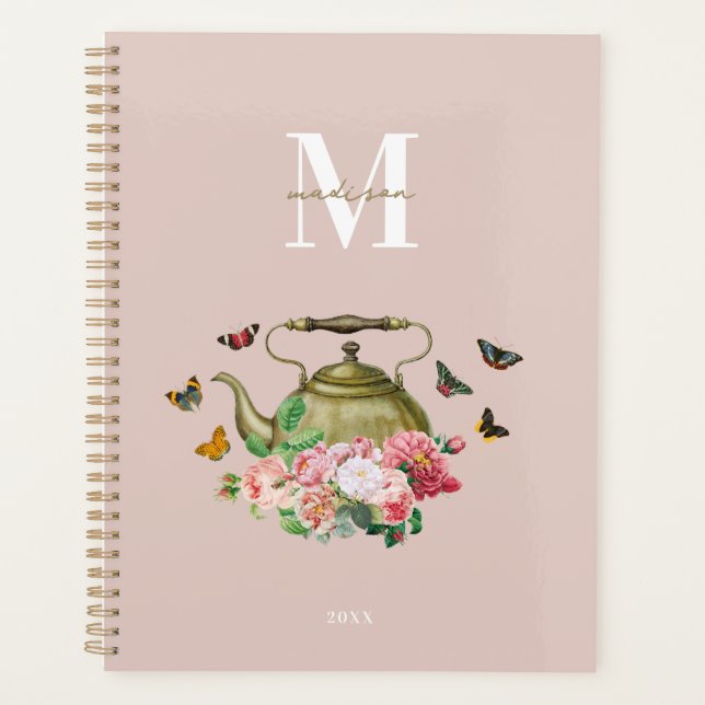 Teekanne Party Pink Floral & Butterfett Monogramm Planer (Vorderseite)