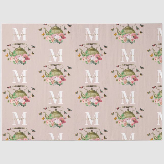 Teekanne Party Pink Floral & Butterfett Monogramm Seidenpapier (Vorderseite)