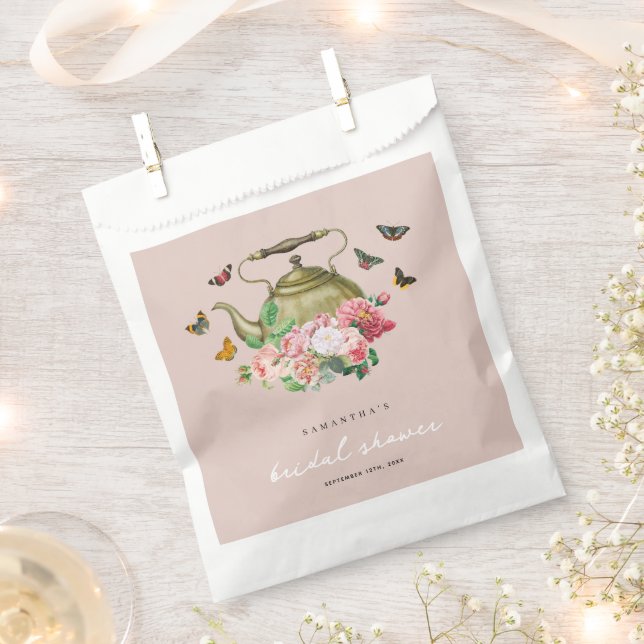 Teekanne Party Rosa Blumenschmetterlinge Brautpart Geschenktütchen (Ausgeschnitten)
