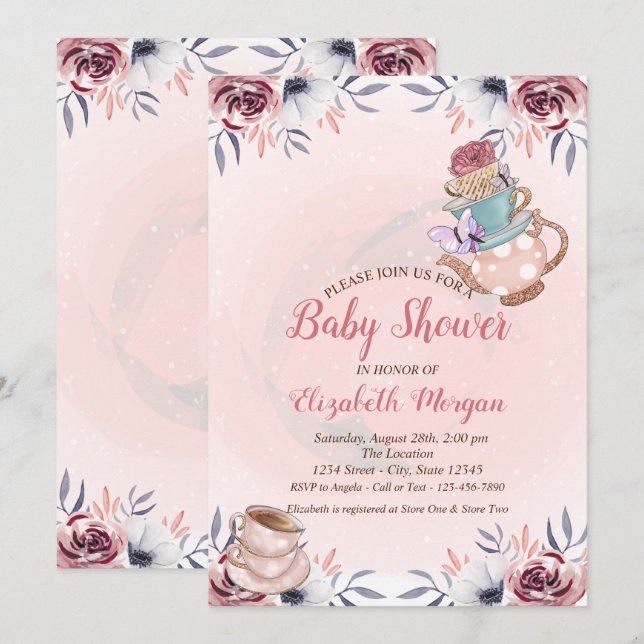 Teekanne Teetasse Blumenkohl Tee Party Babydusche Einladung (Vorne/Hinten)
