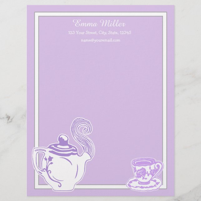 Teekanne-u. Teacup-Lavendel u. weißer Briefkopf (Vorderseite)