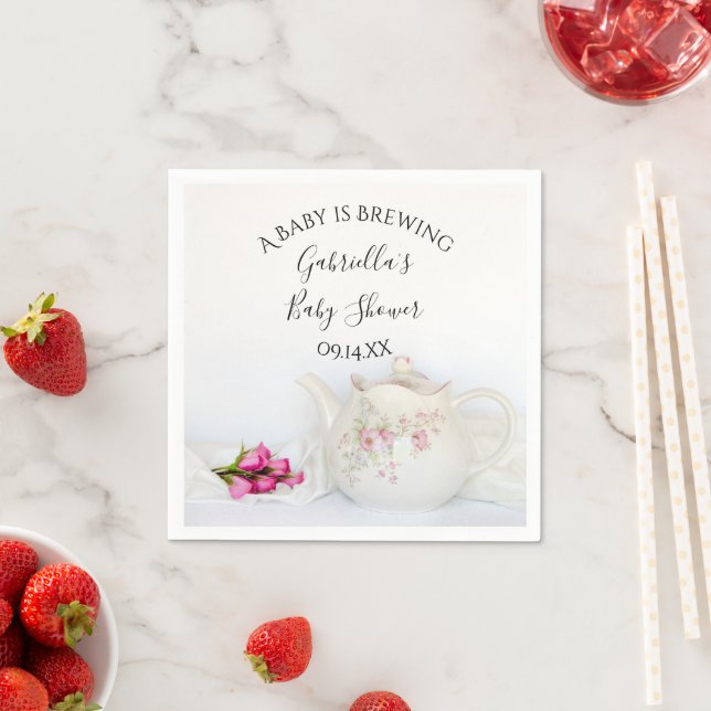 Teekanne und Pink Roses Baby Brauen Dusche Serviette (Beispiel)