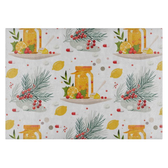 Teekanne, Zitrone, Tasse Tee und Blume Schneidebrett (Vorderseite)