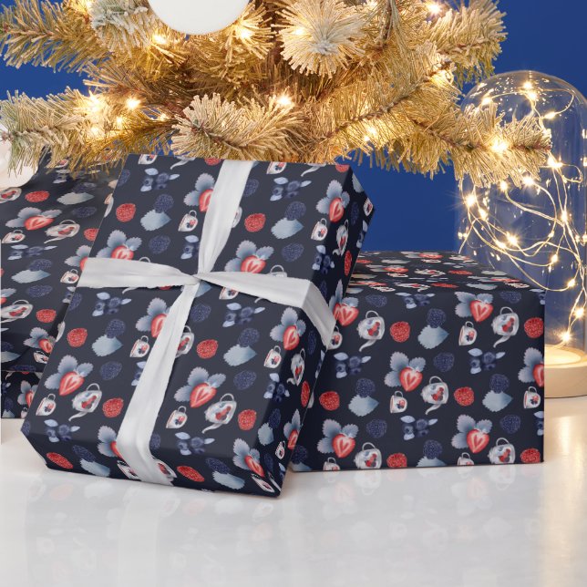 Teekannen, Cups, farbenfrohe Berries auf Marinebla Geschenkpapier (Feiertage)