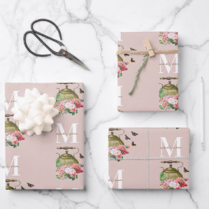 Teekannen-Party Pink Blumen & Schmetterlinge Monog Geschenkpapier Set