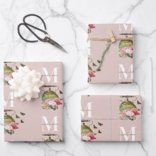 Teekannenparty Rosa Blumen & Schmetterlinge Monogr Geschenkpapier Set