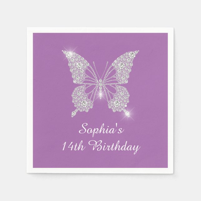 Teen Birthday Diamond Butterfly Name Age, Lavender Serviette (Vorderseite)