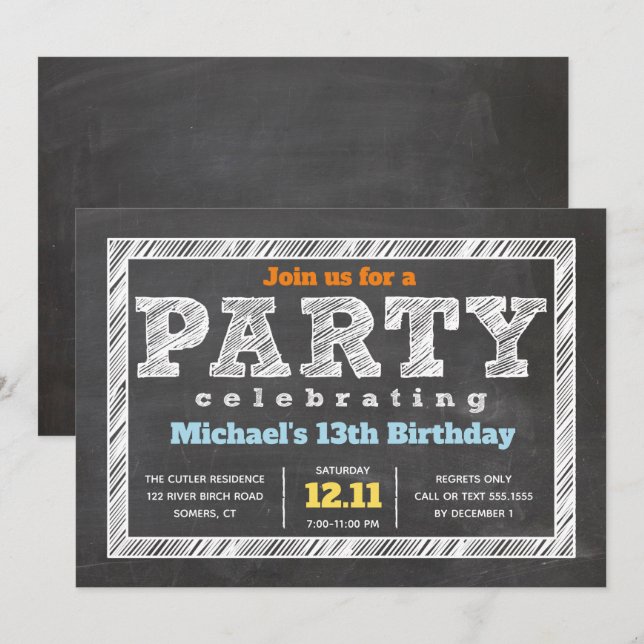 Teen Boy Birthday Einladung Chalkboard Multicolor (Vorne/Hinten)