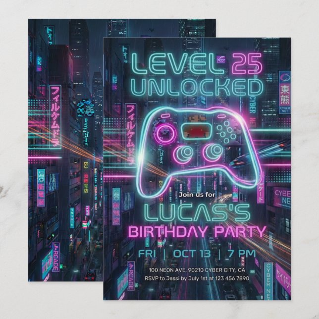 Teen Gamer Birthday Invitation Cyberpunk Game  Einladung (Vorne/Hinten)