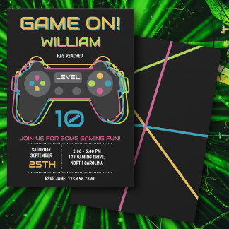 Teen Gaming Gamer Video Game Player Neon Birthday Einladung