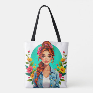 Teen Girl Ästhetik - Blumenportrait Cartoon Tasche