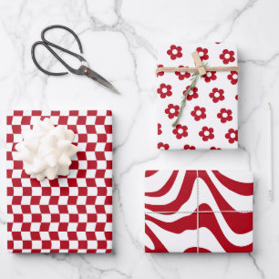 Teen Girl First Period Red Wavy Checkered Blume Geschenkpapier Set