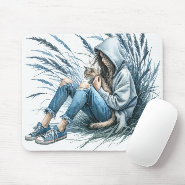 Teen Girl mit Hauskatze Mousepad (Mit Mouse)