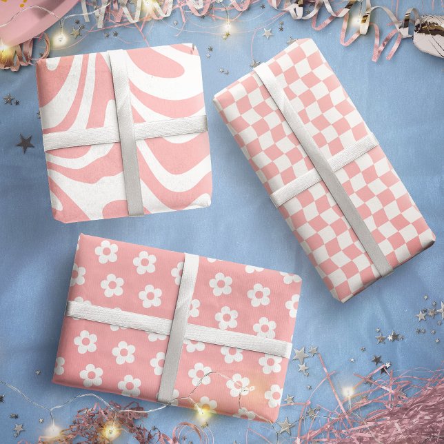 Teen Girl Pastel Pink White Wavy Checkered Blume Geschenkpapier Set (Teen Girl Pastel Pink White Wavy Checkered Flower Wrapping Paper Sheets)