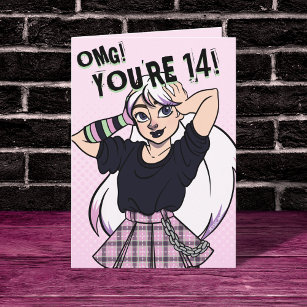 Teen Girl Pink Cartoon Punk 14. Geburtstag Karte