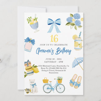 Teen Girl Summer Blue Yellow Birthday Einladung