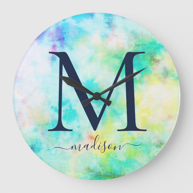 Teen Tie-Dye Monogram Name Große Wanduhr (Vorderseite)