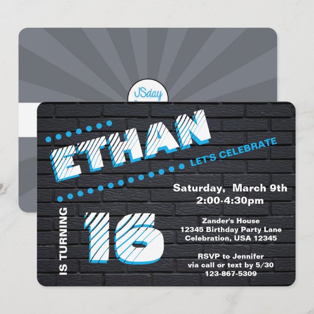 Teen/Tween Graffiti Brick Wall Birthday Boy Party Einladung (Vorne/Hinten)