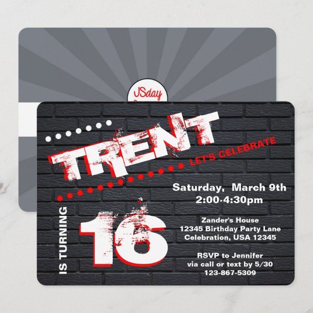 Teen/Tween Graffiti Brick Wall Birthday Boy Party Einladung (Vorne/Hinten)