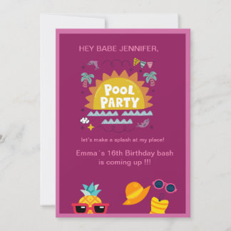 teenage babe pink pool party splash birthday einladung