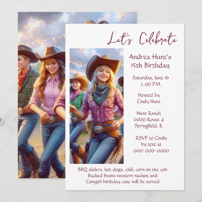 Teenage Girl 15. Geburtstagsparty Einladung (Vorne/Hinten)