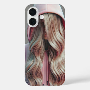Teenager-Mädchen versteckt sich hinter langen blon iPhone 16 Hülle