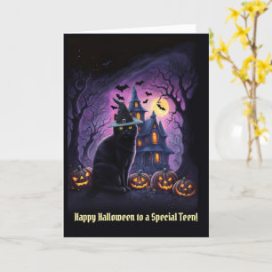 Teenager oder Teenager frohe Halloween-Schwarzkatz Karte