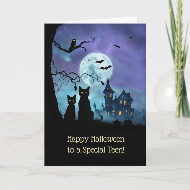 Teenager oder Teenager frohe Halloween-Schwarzkatz Karte (Vorderseite)