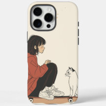 Teenager sitting on skateboard and next to his cat