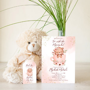 Teeparty-Baby-Shower-Rosa-Teddy in einer Tasse  Einladung