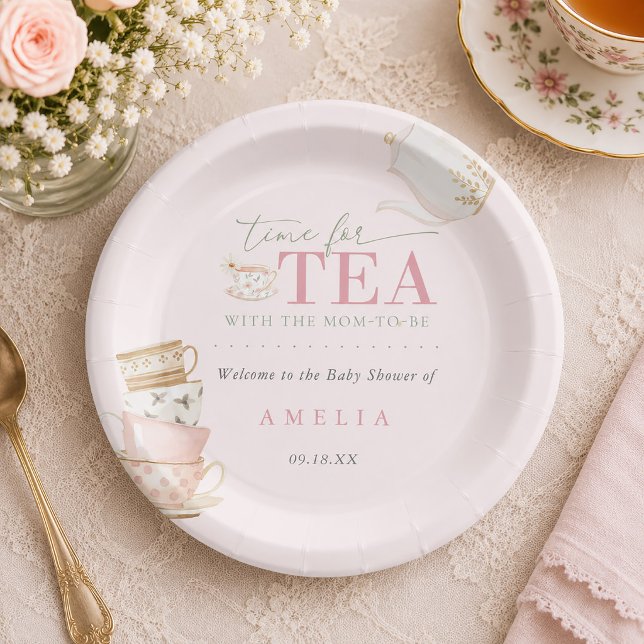 Teeparty-Tee mit der werdenden Mutter Baby Shower Pappteller (Tea Party Tea with The Mom-to-be Girl Baby Shower Paper Plates)