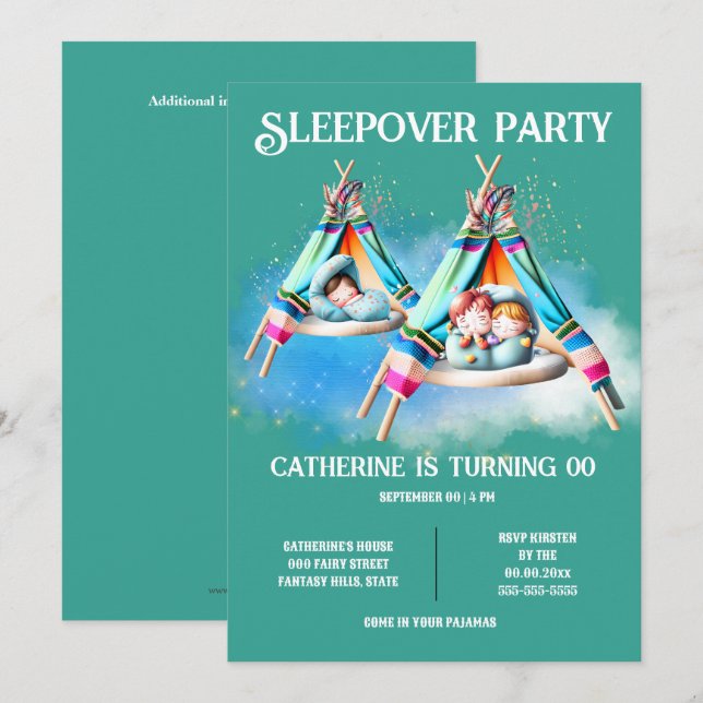 Teepe glamping sleepover slumper Party Kinder Spaß Einladung (Vorne/Hinten)