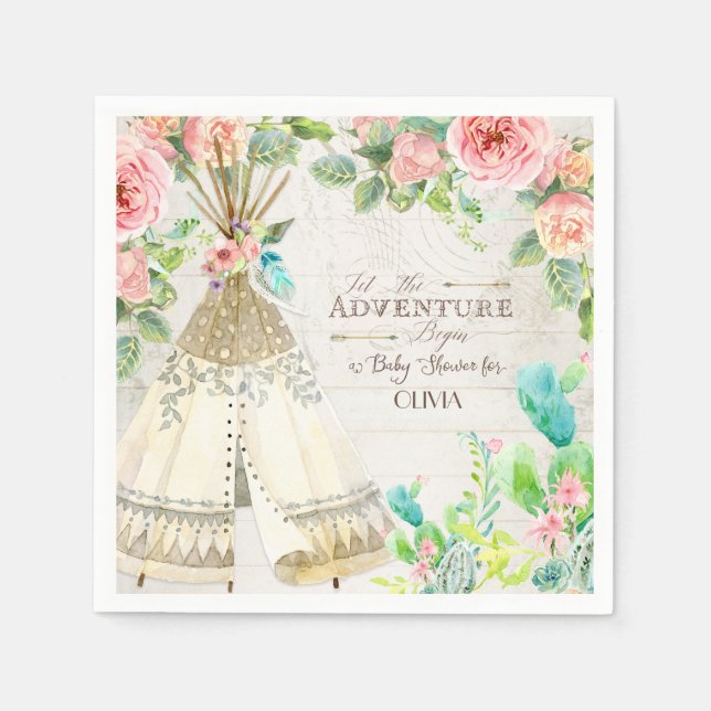 Teepee Boho Tribal Baby Girl Shower Rose Cactus Serviette (Vorderseite)