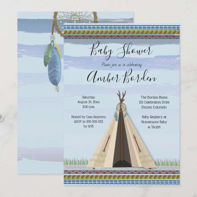 TeePee Dreamcatcher Tribal Theme Boy Baby Shower Einladung (Vorne/Hinten)