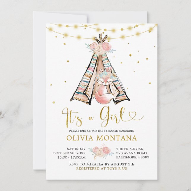 Teepee Pink Floral Fox Babydusche Einladung (Vorderseite)