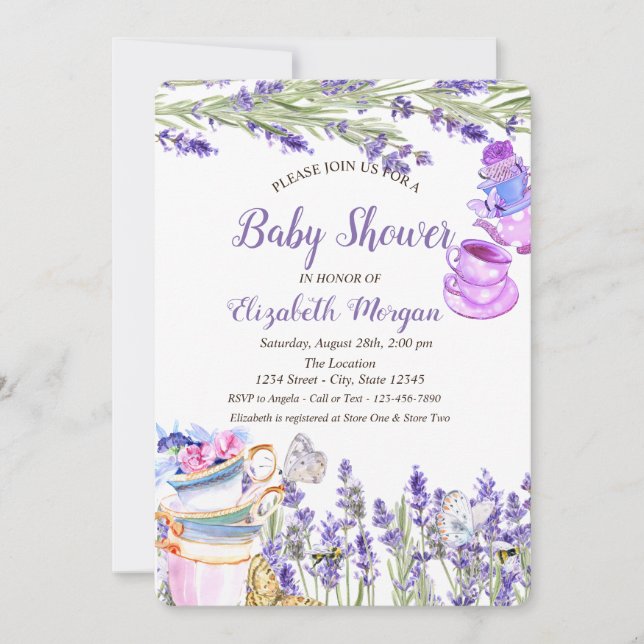 Teetasse Lavander Butterfly Glitzer Babydusche Einladung (Vorderseite)
