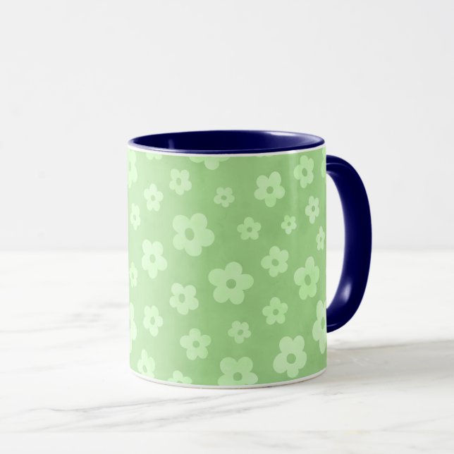 Teetasse mit blauem Griff, grün-weiße Blume (VorderseiteRechts)