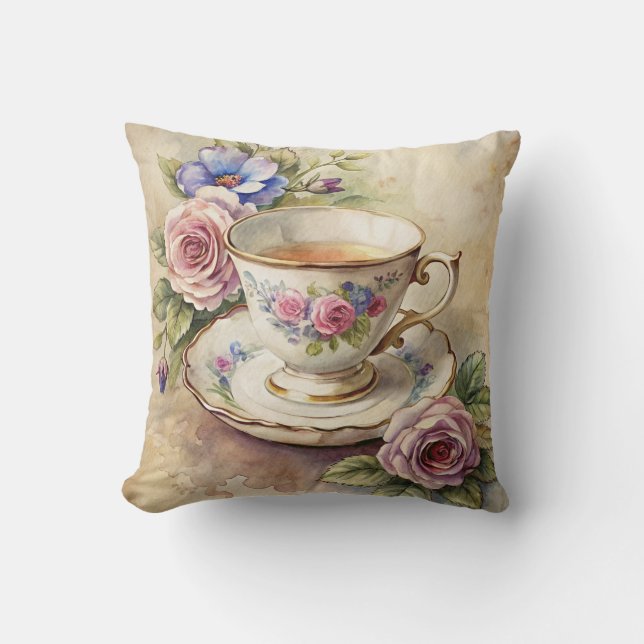 Teetasse und Blumen Kissen (Vorderseite)