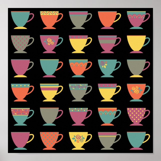 Teetassen aus Retro-Porzellan, farbenfrohe Kaffeet Poster (Vorne)