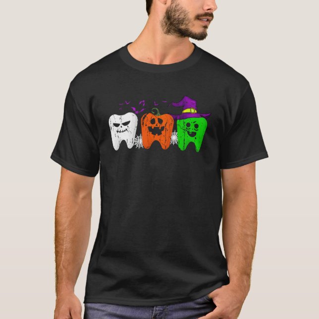 Teeth Ghost Pumpkin Hexe Niedlich Dental Halloween T-Shirt (Vorderseite)