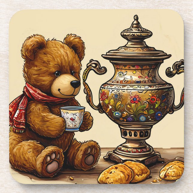 Teezeit mit Bär Getränkeuntersetzer (Vorderseite)
