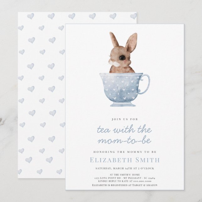 Teezeit Party Niedlich Blauer Babydusche Einladung (Vorne/Hinten)