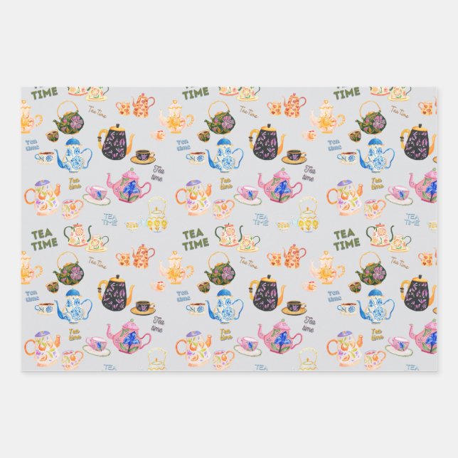 Teezeitmuster - Teebecher und Teekanne in Geschenkpapier Set (Vorderseite)