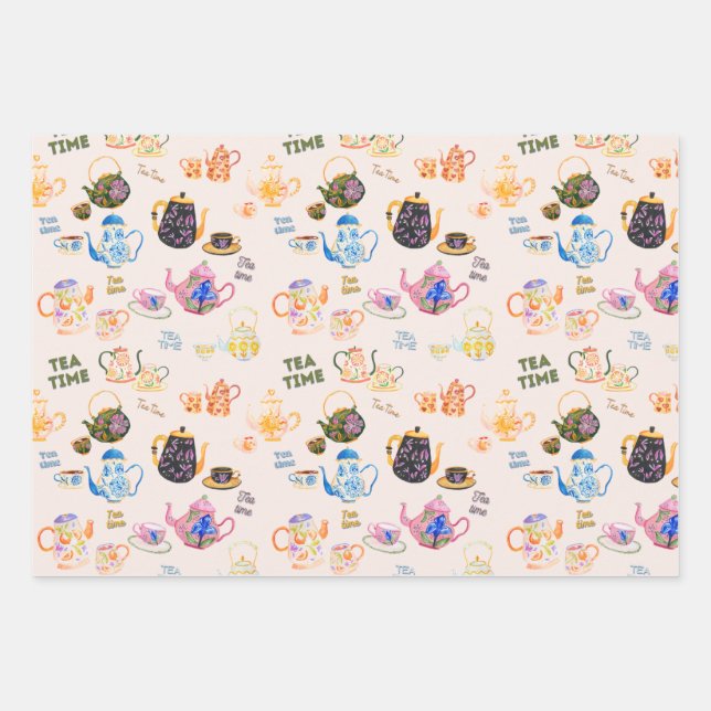 Teezeitmuster - Teebecher und Teekanne in Geschenkpapier Set (Vorderseite)