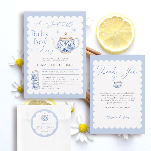 Teezubereitung Blaue Schrift Eleganter Junge Baby  Runder Aufkleber (boy baby shower stationery decor tea brewing theme blue watercolor elegant modern stylish classy)