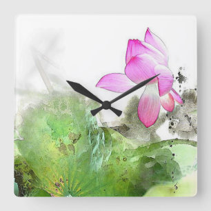 TEICH LOTUS L Chinese-Bürsten-Malerei-Kunst Quadratische Wanduhr